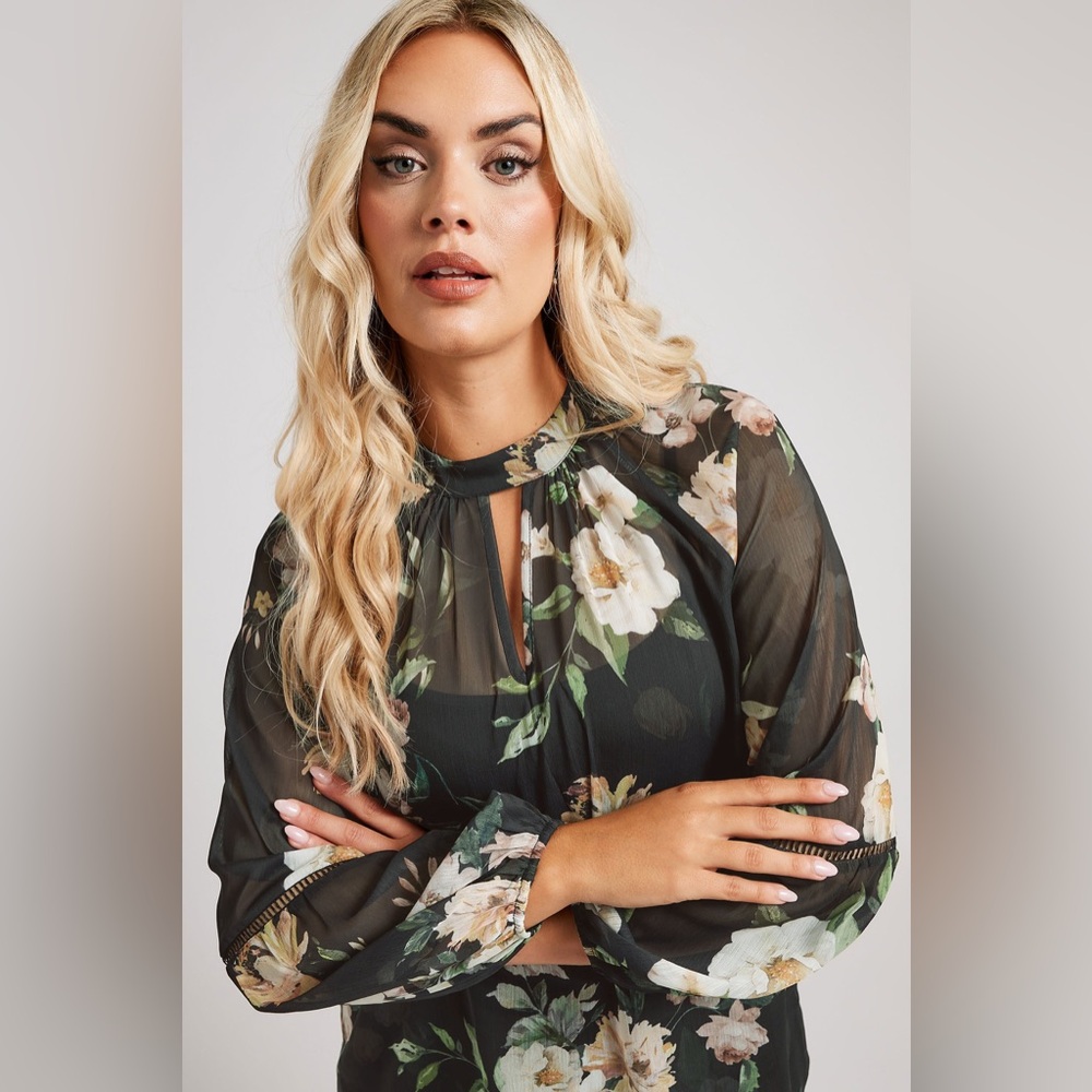 RACHEL ZOE Floral High Neck Blouson-Size S-BLK/WHT/GRN—READ!!!